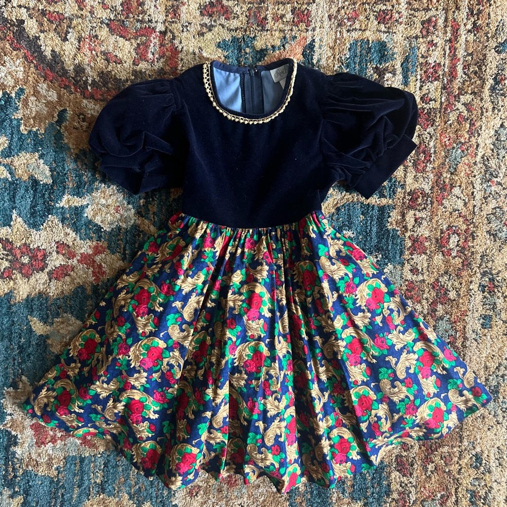 Vintage Velvet & Holiday Print Dress with Crinoline Skirt size 4 years - Picture 1 of 8